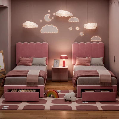 2 Sets Twin Bed Frame With Under-Bed Drawer, Velvet Upholstered Platform Bed With Wave Headboard,No Box Spring Needed 6 2 Sets Twin Bed Frame With Under-Bed Drawer, Velvet Upholstered Platform Bed With Wave Headboard,No Box Spring Needed - Image 6