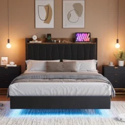 Floating Bed Frame King With LED Lights & USB Charging Station Upholstered Platform Bed With Headboard, Solid Wood Slats Support, No Box Spring