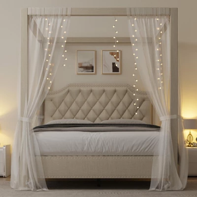 Upholstered Canopy Bed Frame Full Size With Headboard, Button Tufted, Nailhead Trim Design, No Box Spring Required 3 Upholstered Canopy Bed Frame Full Size With Headboard, Button Tufted, Nailhead Trim Design, No Box Spring Required - Image 3