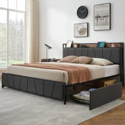 Whizmax Four Size Bed Frame With 2 Storage Drawers And Charging Station, Rustic Linen Upholstered Platform Bed Frame With Storage Headboard, Gray -Steve Silver Furniture Store GUEST 1463e9d5 d204 48d8 883e bcaf18f97ed1
