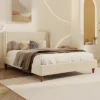 Queen/King Size Velvet Upholstered Platform Bed Frame With Wingback Headboard And Walnut Wooden Legs, Cream, No Box Spring Needed-ModernLuxe