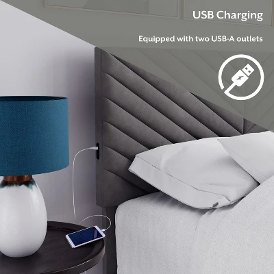 Queen Crestwood Upholstered Chevron Pleated Platform Bed With 2 Dual USB Ports Gray - Hillsdale Furniture 3 Queen Crestwood Upholstered Chevron Pleated Platform Bed With 2 Dual USB Ports Gray - Hillsdale Furniture - Image 3