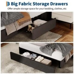 Full Size Bed Frame With 3 Storage Drawers, Fabric Upholstered Platform Bed, Wooden Slats Support, Dark Grey -Steve Silver Furniture Store GUEST 16a48066 2b3f 4606 9605 aad31d6599f2