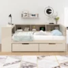 Twin/Full Size Platform Bed With Storage Shelves, Drawers, Charging Station, Upholstered Headboard And Desk, Cream/Gray-ModernLuxe
