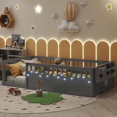 Twin/Full Floor Bed Frame With LED Light, Montessori Bed Wooden Toddler Bed With Safety Guardrails & Storage Shelf - ModernLuxe 2 Twin/Full Floor Bed Frame With LED Light, Montessori Bed Wooden Toddler Bed With Safety Guardrails & Storage Shelf - ModernLuxe - Image 2