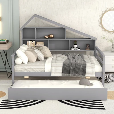 Full Size Platform Bed With Trundle And Shelves-ModernLuxe 1 Full Size Platform Bed With Trundle And Shelves-ModernLuxe