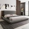Queen/King Size Floor Upholstered Platform Bed Frame With Upholstered Headboard And Bedside Table, No Box Spring Needed, Grey-ModernLuxe