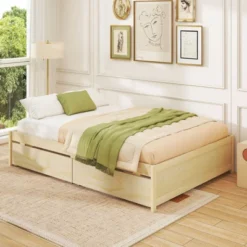 Costway Full/Queen Size Wooden Platform Bed With 2 Rolling Storage Drawers Wood Slat Support Natural/White -Steve Silver Furniture Store GUEST 254fd239 ed6e 4bd7 bba5 adafe06871e5