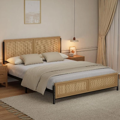 Boho Wooden Full/Queen/King Size Bed Frame With Natural Rattan Headboard And Footboard, No Box Spring Needed, Noise-Free Easy Assemble Metal Bedframe 2 Boho Wooden Full/Queen/King Size Bed Frame With Natural Rattan Headboard And Footboard, No Box Spring Needed, Noise-Free Easy Assemble Metal Bedframe - Image 2