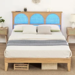 Bed Frame With Natural Rattan Headboard, Boho Wooden Platform Bed With Strong Wooden Slats, Noise-Free, No Box Spring Needed, Arch