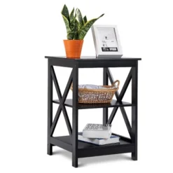 Costway 2PCS 3-Tier Nightstand End Table Storage Display Shelf Living Room Furni Black