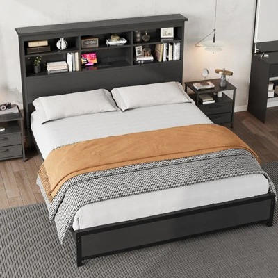 Queen Size Bed Frame With Bookcase Headboard, Queen Platform Bed With 2-tier Storage & Charging Station, No Box Spring Needed Easy Assemble,Black 2 Queen Size Bed Frame With Bookcase Headboard, Queen Platform Bed With 2-tier Storage & Charging Station, No Box Spring Needed Easy Assemble,Black - Image 2