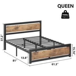 Whizmax Queen Size Bed Frame Platform, Industrial Queen Bedframe With Wooden Headboard No Box Spring Needed, Easy Assemble Noise Free Rustic Brown