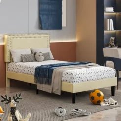 VECELO Velvet Upholstered Platform Bed Frame With Adjustable Headboard, Sturdy Wood Slats & Metal Support, No Box Spring Needed, Twin/Full/Queen Size