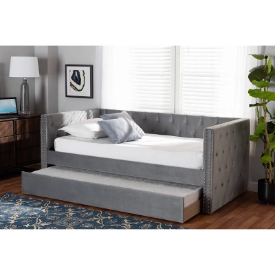 Larkin Velvet Fabric Upholstered Daybed With Trundle - Baxton Studio 8 Larkin Velvet Fabric Upholstered Daybed With Trundle - Baxton Studio - Image 8