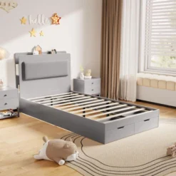 Twin Size Bed Frame, Wooden Platform Bed Frame With 2-Tier Storage Headboard And 2 Drawers, Twin Size Bed Frame With Wooden Slat Support, Light Grey