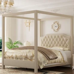 Upholstered Canopy Bed Frame Full Size With Headboard, Button Tufted, Nailhead Trim Design, No Box Spring Required