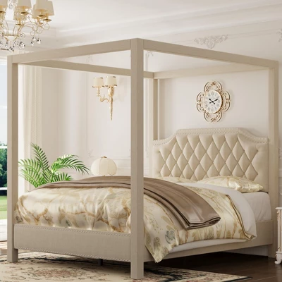 Upholstered Canopy Bed Frame Full Size With Headboard, Button Tufted, Nailhead Trim Design, No Box Spring Required 1 Upholstered Canopy Bed Frame Full Size With Headboard, Button Tufted, Nailhead Trim Design, No Box Spring Required