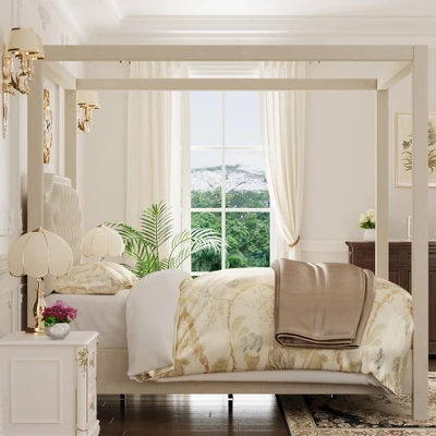 Upholstered Canopy Bed Frame Full Size With Headboard, Button Tufted, Nailhead Trim Design, No Box Spring Required 2 Upholstered Canopy Bed Frame Full Size With Headboard, Button Tufted, Nailhead Trim Design, No Box Spring Required - Image 2