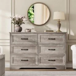 Acekool 5-Drawer Grey Dresser, Modern Farmhouse Tall Chest With Wide Handles, Storage Organizer For Bedroom, Living Room