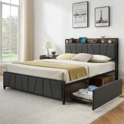 Whizmax Four Size Bed Frame With 2 Storage Drawers And Charging Station, Rustic Linen Upholstered Platform Bed Frame With Storage Headboard, Gray -Steve Silver Furniture Store GUEST 65c29b3a a8d2 4341 93b7 be319892375a
