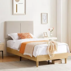 VECELO Platform Bed Frame Upholstered Beds With Height-Adjustable Cotton And Linen Headboard, Bed Frame