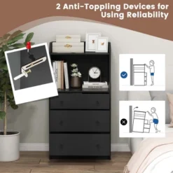 Costway 3-Drawer Dresser 44" Tall Wood Storage Organizer Chest With 2 Open Shelves Black/White/Walnut -Steve Silver Furniture Store GUEST 8184437d 45e8 481f 869c 35f43ccbe517