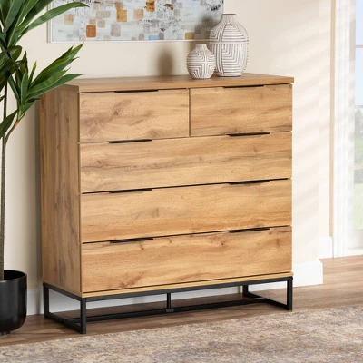 Franklin Wood And Metal 5 Drawer Bedroom Chest Oak/Black - Baxton Studio 6 Franklin Wood And Metal 5 Drawer Bedroom Chest Oak/Black - Baxton Studio - Image 6