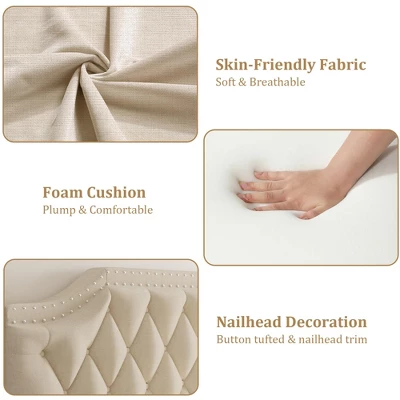 Upholstered Canopy Bed Frame Full Size With Headboard, Button Tufted, Nailhead Trim Design, No Box Spring Required 5 Upholstered Canopy Bed Frame Full Size With Headboard, Button Tufted, Nailhead Trim Design, No Box Spring Required - Image 5