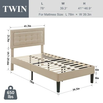 VECELO Twin/Full/Queen Size Upholstered Bed Frame Button Tufted Adjustable Headboard 2 VECELO Twin/Full/Queen Size Upholstered Bed Frame Button Tufted Adjustable Headboard - Image 2