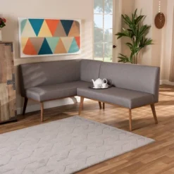 2pc Odessa Mid-Century Modern Fabric Upholstered Wood Dining Corner Sofa Bench Set Walnut/Brown/Gray - Baxton Studio -Steve Silver Furniture Store GUEST a84dc2a4 fac7 45d5 bed1 3a148b641c10