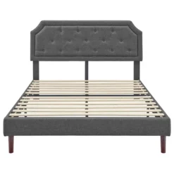 BIKAHOM Upholstered Platform Bed With Button Tufted Headboard, Dark Grey