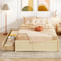 Costway Full/Queen Size Wooden Platform Bed With 2 Rolling Storage Drawers Wood Slat Support Natural/White -Steve Silver Furniture Store GUEST b926665f 4688 4682 8084 6dffe9dd4ea6