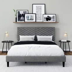 Queen Crestwood Upholstered Chevron Pleated Platform Bed With 2 Dual USB Ports Gray - Hillsdale Furniture