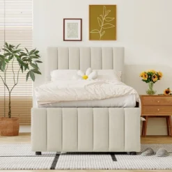Twin/Full Size Platform Bed, Wooden Upholstered Bed Frame With Twin Trundle Bed And 3 Drawers - ModernLuxe