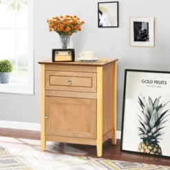Costway 2PCS Nightstand With Drawer Accent Side End Table Storage Cabinet WhiteNatural -Steve Silver Furniture Store GUEST cc446f3e ef12 48d6 9919 7ce2fb0b82f3