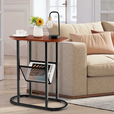 Costway 2 PCS 2-tier Side Table Oval Narrow End Table Nightstand Bedside Table Brown 2 Costway 2 PCS 2-tier Side Table Oval Narrow End Table Nightstand Bedside Table Brown - Image 2