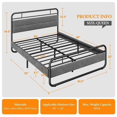 Yaheetech Metal Platform Bed Frame With Velvet Upholstered Headboard 3 Yaheetech Metal Platform Bed Frame With Velvet Upholstered Headboard - Image 3