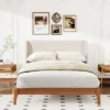 King/Queen Size Platform Bed, Solid Dry Bamboo Wood Bed Frame With Upholstered High Headboard, Easy Assembly -ModernLuxe