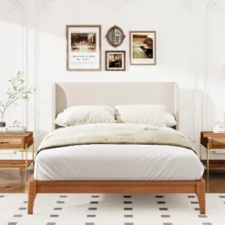 King/Queen Size Platform Bed, Solid Dry Bamboo Wood Bed Frame With Upholstered High Headboard, Easy Assembly -ModernLuxe