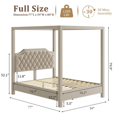 Upholstered Canopy Bed Frame Full Size With Headboard, Button Tufted, Nailhead Trim Design, No Box Spring Required 7 Upholstered Canopy Bed Frame Full Size With Headboard, Button Tufted, Nailhead Trim Design, No Box Spring Required - Image 7