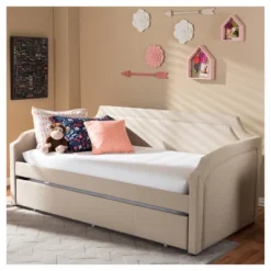 Parkson Modern And Contemporary Linen Fabric Curved Notched Corners Sofa Daybed With Roll - Out Trundle Guest Bed - Twin - Baxton Studio -Steve Silver Furniture Store GUEST d942968a fec1 4651 a19f 04aa80606a58