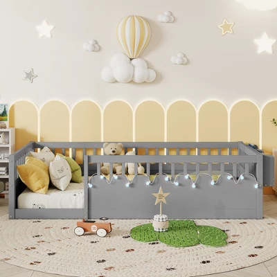 Twin/Full Floor Bed Frame With LED Light, Montessori Bed Wooden Toddler Bed With Safety Guardrails & Storage Shelf - ModernLuxe 1 Twin/Full Floor Bed Frame With LED Light, Montessori Bed Wooden Toddler Bed With Safety Guardrails & Storage Shelf - ModernLuxe