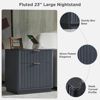 SinCiDo 23" Fluted Nightstand W/Charging Station, 2 Drawer Mid Century Modern End Table W/Storage For Bedroom & Living Room 5 SinCiDo 23" Fluted Nightstand W/Charging Station, 2 Drawer Mid Century Modern End Table W/Storage For Bedroom & Living Room - Image 5