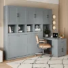 Twin Size Murphy Bed Wall Bed With Closet, Cabinets, Storage Shelves And Desk, White/Gray-ModernLuxe