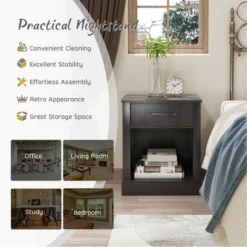 Costway Nightstand With Drawer And Shelf Rustic Wooden Bedside Table Bedroom Brown / Natural / Black -Steve Silver Furniture Store GUEST e9cb1230 fdc2 486b a3ed 9e07bb55f4c3