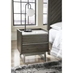 Signature Design By Ashley Arkenton 2-Drawer Nightstand With White Marble Top - Modern Bedroom Side Table, Grayish Brown Wood Finish